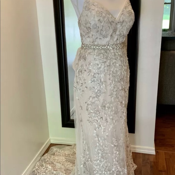 Embroidered and Beaded Lace Sheath Wedding Dress - Picture 3 of 10